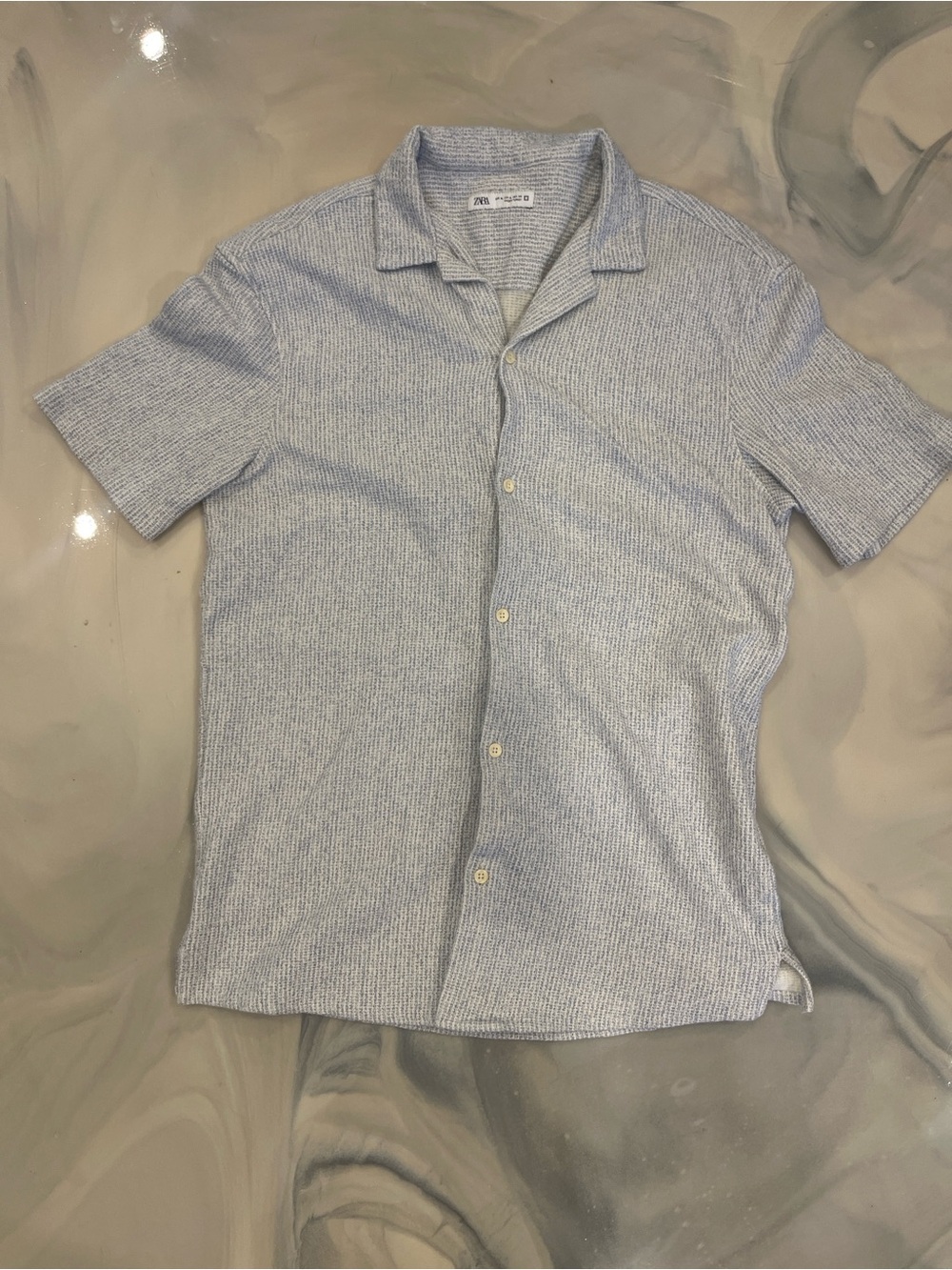 Zara Light Blue Short-Sleeve Textured Button-Down Shirt